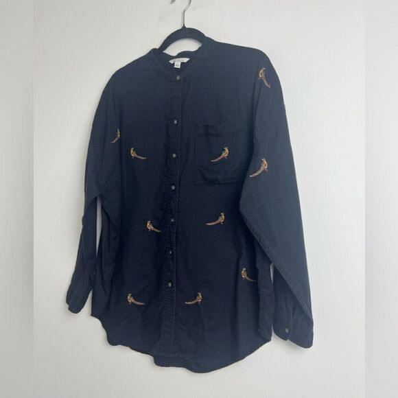 L.L. Bean Signature 100% Cotton Black Embroidered Pheasant Print Classic Blouse - Picture 5 of 12